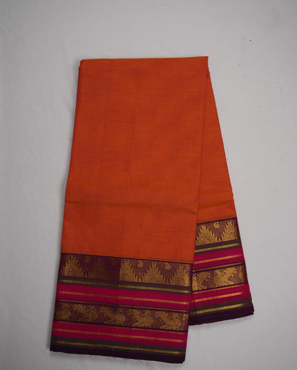 Premium Kanchi Handloom Cotton Saree in Vibrant Orange with Gold Zari Weaving & Contrast Magenta-Purple Border