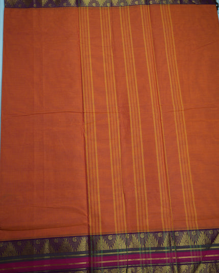 Premium Kanchi Handloom Cotton Saree in Vibrant Orange with Gold Zari Weaving & Contrast Magenta-Purple Border