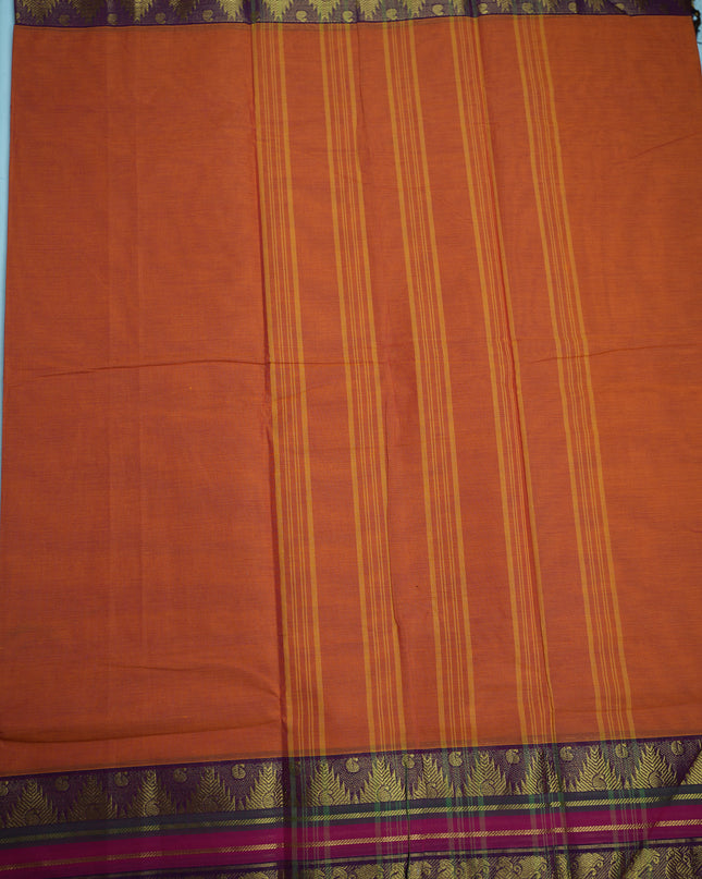 Premium Kanchi Handloom Cotton Saree in Vibrant Orange with Gold Zari Weaving & Contrast Magenta-Purple Border