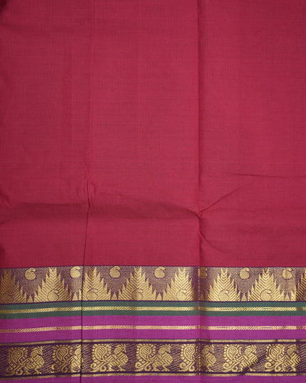 Premium Kanchi Handloom Cotton Saree in Rani Pink with Gold Zari Weaving & Contrast Royal Purple-Emerald Green Border