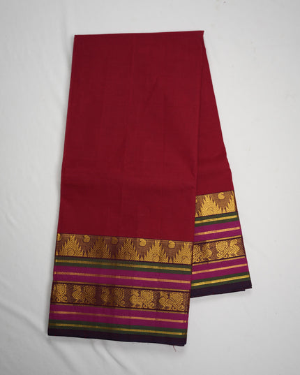 Premium Kanchi Handloom Cotton Saree in Rani Pink with Gold Zari Weaving & Contrast Royal Purple-Emerald Green Border