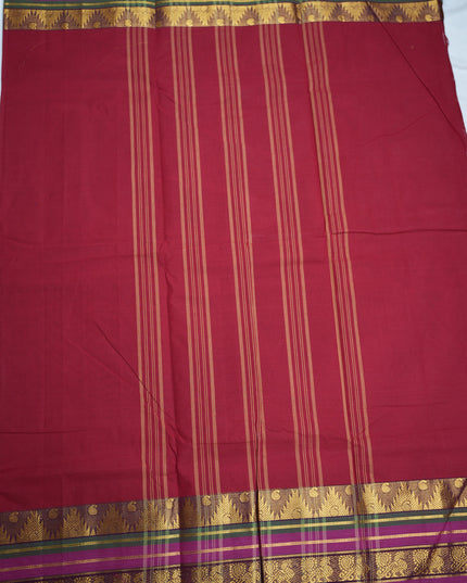 Premium Kanchi Handloom Cotton Saree in Rani Pink with Gold Zari Weaving & Contrast Royal Purple-Emerald Green Border