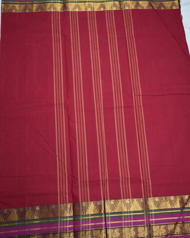 Premium Kanchi Handloom Cotton Saree in Rani Pink with Gold Zari Weaving & Contrast Royal Purple-Emerald Green Border