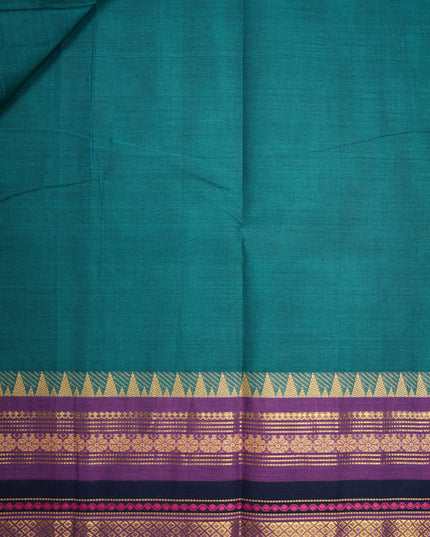 Premium Kanchi Handloom Cotton Saree in Teal Green with Gold Zari Weaving & Contrast Purple-Navy Border