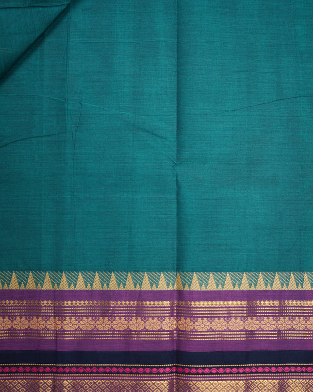 Premium Kanchi Handloom Cotton Saree in Teal Green with Gold Zari Weaving & Contrast Purple-Navy Border