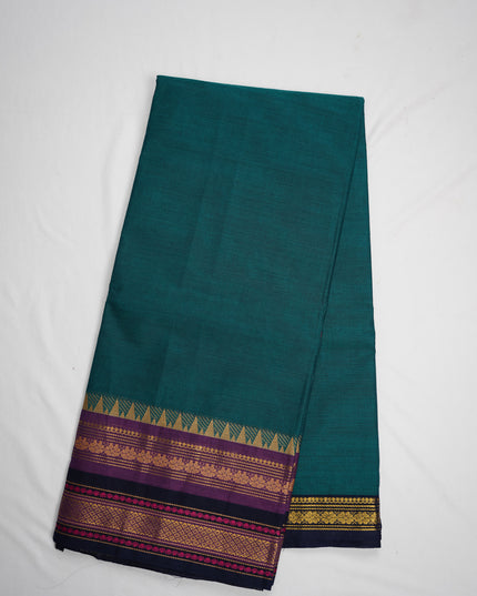 Premium Kanchi Handloom Cotton Saree in Teal Green with Gold Zari Weaving & Contrast Purple-Navy Border