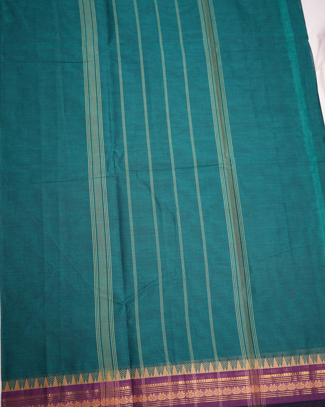 Premium Kanchi Handloom Cotton Saree in Teal Green with Gold Zari Weaving & Contrast Purple-Navy Border