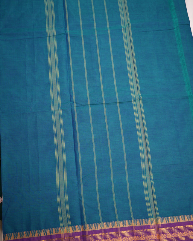 Premium Kanchi Handloom Cotton Saree in Ocean Blue with Gold Zari Weaving & Contrast Purple-Navy Border
