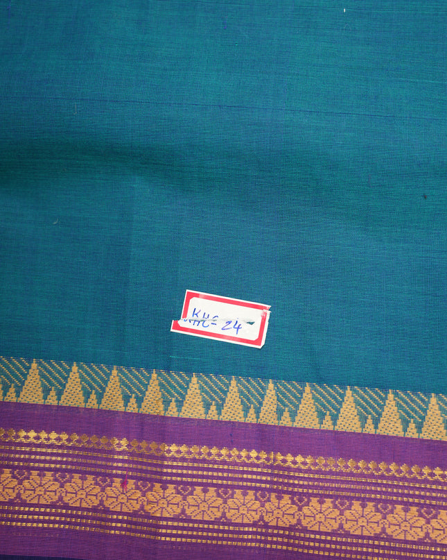 Premium Kanchi Handloom Cotton Saree in Ocean Blue with Gold Zari Weaving & Contrast Purple-Navy Border
