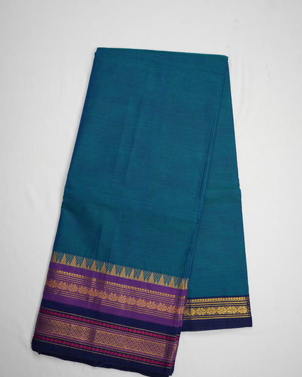 Premium Kanchi Handloom Cotton Saree in Ocean Blue with Gold Zari Weaving & Contrast Purple-Navy Border