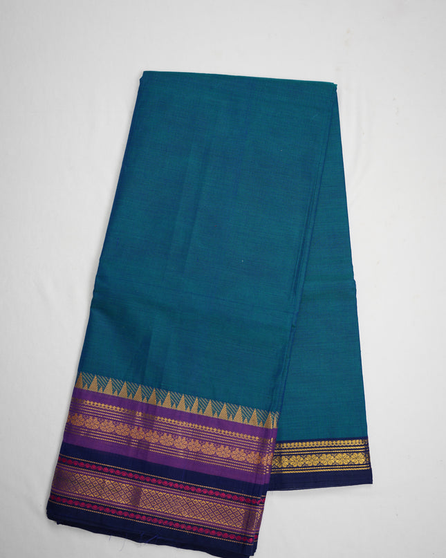 Premium Kanchi Handloom Cotton Saree in Ocean Blue with Gold Zari Weaving & Contrast Purple-Navy Border
