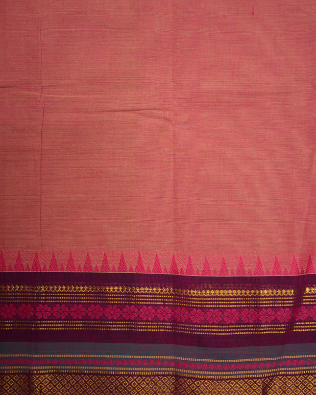 Premium Kanchi Handloom Cotton Saree in Dusty Peach Pink with Gold Zari Weaving & Contrast Magenta-Teal Border