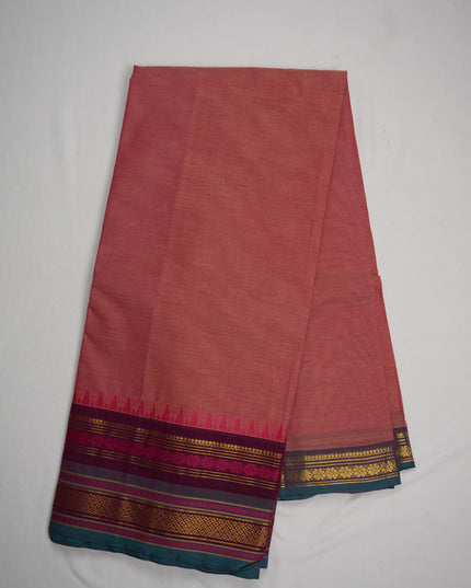 Premium Kanchi Handloom Cotton Saree in Dusty Peach Pink with Gold Zari Weaving & Contrast Magenta-Teal Border