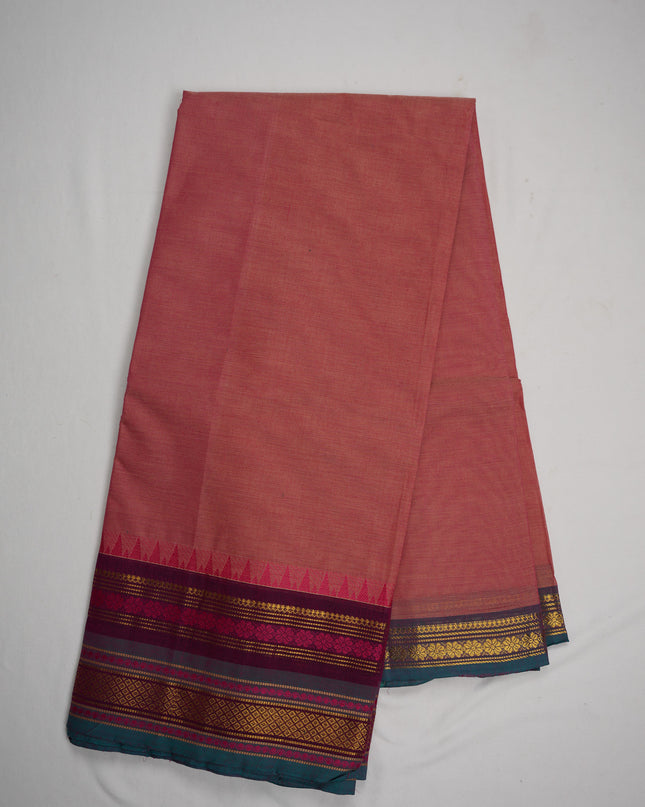 Premium Kanchi Handloom Cotton Saree in Dusty Peach Pink with Gold Zari Weaving & Contrast Magenta-Teal Border