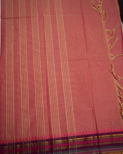 Premium Kanchi Handloom Cotton Saree in Dusty Peach Pink with Gold Zari Weaving & Contrast Magenta-Teal Border