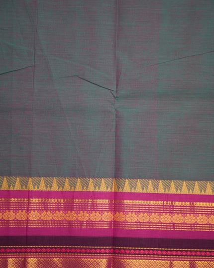 Premium Kanchi Handloom Cotton Saree in Steel Blue with Gold Zari Weaving & Contrast Magenta-Purple Border