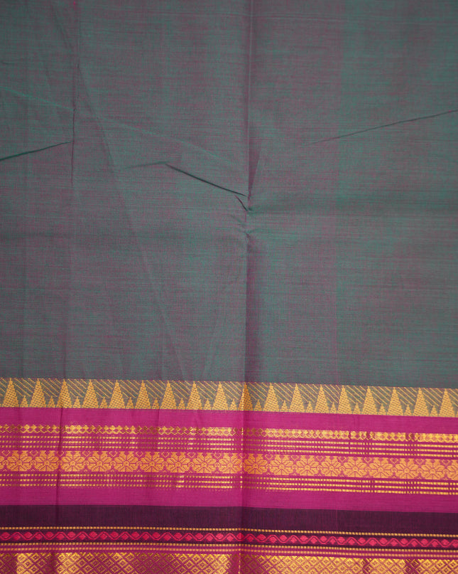 Premium Kanchi Handloom Cotton Saree in Steel Blue with Gold Zari Weaving & Contrast Magenta-Purple Border