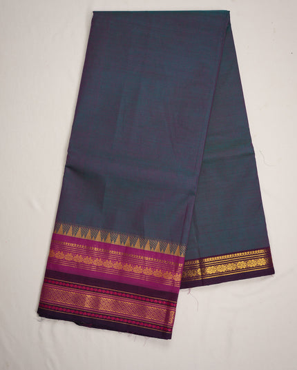 Premium Kanchi Handloom Cotton Saree in Steel Blue with Gold Zari Weaving & Contrast Magenta-Purple Border