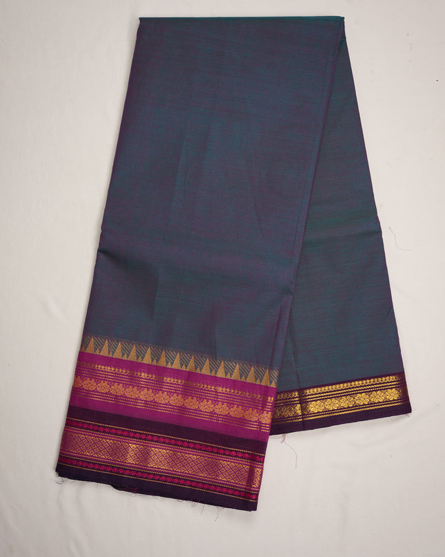 Premium Kanchi Handloom Cotton Saree in Steel Blue with Gold Zari Weaving & Contrast Magenta-Purple Border