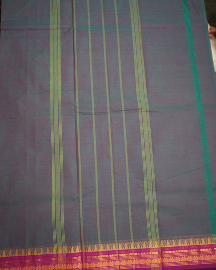 Premium Kanchi Handloom Cotton Saree in Steel Blue with Gold Zari Weaving & Contrast Magenta-Purple Border