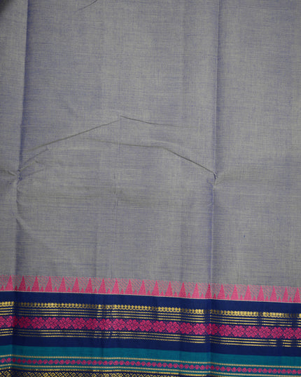 Premium Kanchi Handloom Cotton Saree in Ash Grey with Gold Zari Weaving & Contrast Royal Blue-Rani Pink Border