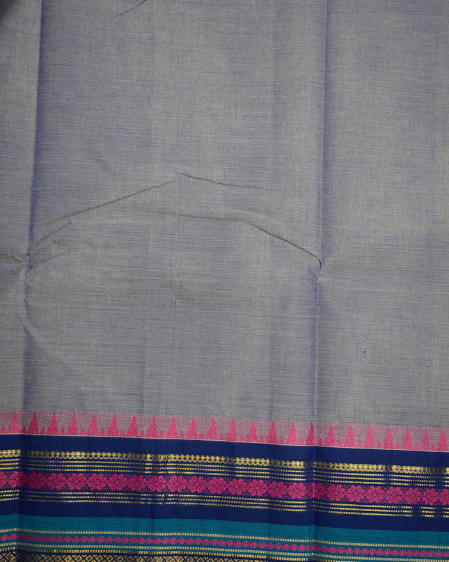 Premium Kanchi Handloom Cotton Saree in Ash Grey with Gold Zari Weaving & Contrast Royal Blue-Rani Pink Border