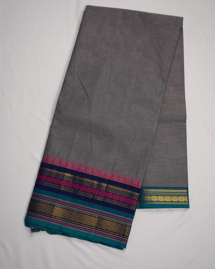 Premium Kanchi Handloom Cotton Saree in Ash Grey with Gold Zari Weaving & Contrast Royal Blue-Rani Pink Border