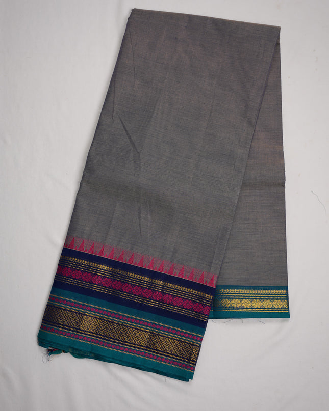 Premium Kanchi Handloom Cotton Saree in Ash Grey with Gold Zari Weaving & Contrast Royal Blue-Rani Pink Border