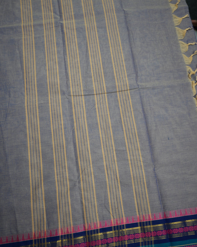 Premium Kanchi Handloom Cotton Saree in Ash Grey with Gold Zari Weaving & Contrast Royal Blue-Rani Pink Border