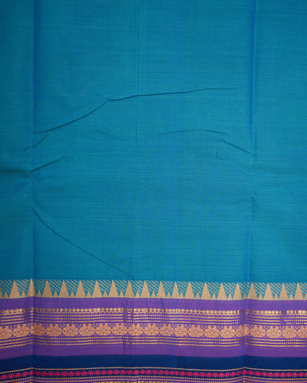 Premium Kanchi Handloom Cotton Saree in Peacock Teal Blue with Traditional Gold Zari Temple Weaving & Contrast Royal Purple-Navy Blue Border