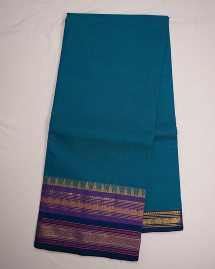 Premium Kanchi Handloom Cotton Saree in Peacock Teal Blue with Traditional Gold Zari Temple Weaving & Contrast Royal Purple-Navy Blue Border