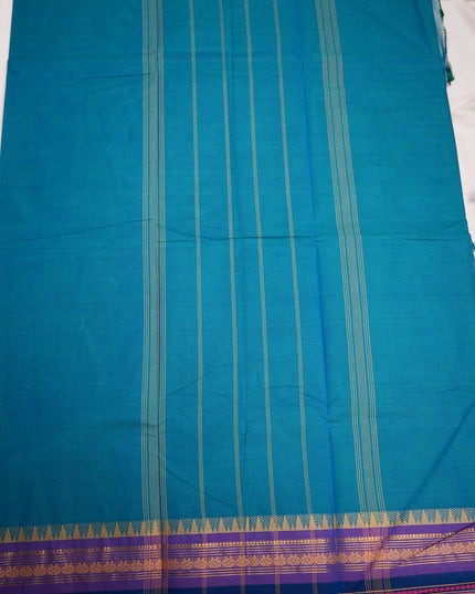 Premium Kanchi Handloom Cotton Saree in Peacock Teal Blue with Traditional Gold Zari Temple Weaving & Contrast Royal Purple-Navy Blue Border