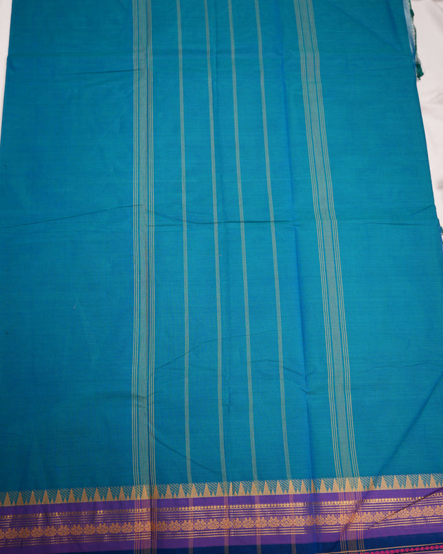 Premium Kanchi Handloom Cotton Saree in Peacock Teal Blue with Traditional Gold Zari Temple Weaving & Contrast Royal Purple-Navy Blue Border