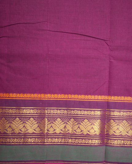 Premium Kanchi Handloom Cotton Saree in Rich Wine Purple with Gold Zari Weaving & Contrast Emerald Green-Magenta Border