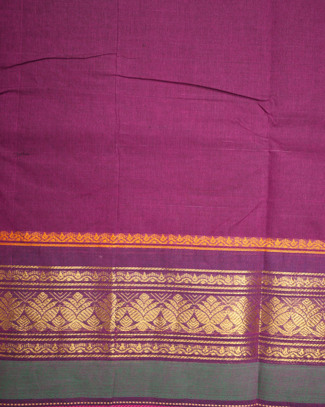 Premium Kanchi Handloom Cotton Saree in Rich Wine Purple with Gold Zari Weaving & Contrast Emerald Green-Magenta Border