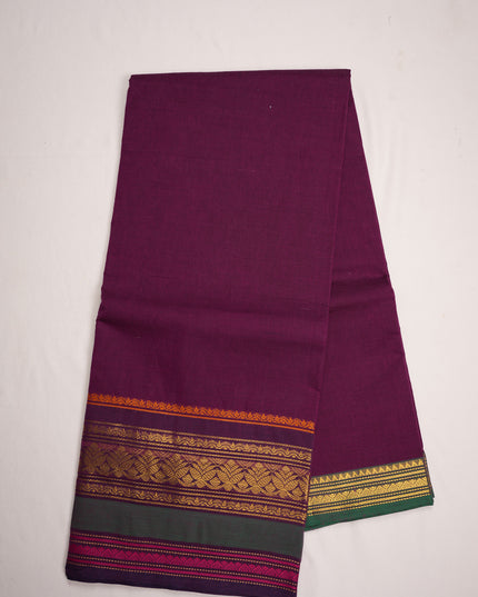 Premium Kanchi Handloom Cotton Saree in Rich Wine Purple with Gold Zari Weaving & Contrast Emerald Green-Magenta Border