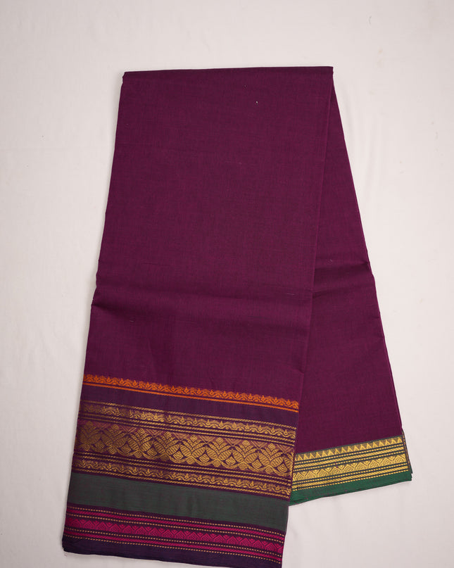 Premium Kanchi Handloom Cotton Saree in Rich Wine Purple with Gold Zari Weaving & Contrast Emerald Green-Magenta Border