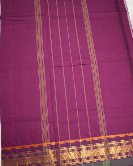 Premium Kanchi Handloom Cotton Saree in Rich Wine Purple with Gold Zari Weaving & Contrast Emerald Green-Magenta Border
