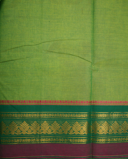 Premium Kanchi Handloom Cotton Saree in Fresh Parrot Green with Gold Zari Weaving & Contrast Emerald Green-Magenta Border