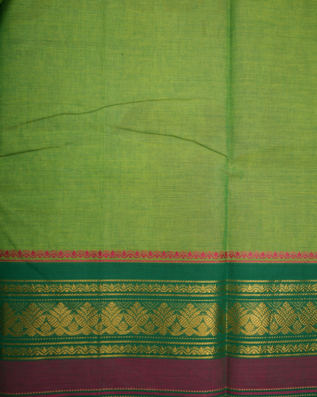 Premium Kanchi Handloom Cotton Saree in Fresh Parrot Green with Gold Zari Weaving & Contrast Emerald Green-Magenta Border