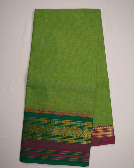 Premium Kanchi Handloom Cotton Saree in Fresh Parrot Green with Gold Zari Weaving & Contrast Emerald Green-Magenta Border