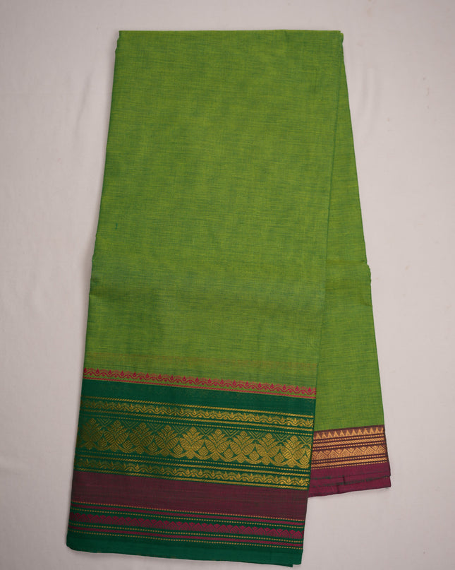 Premium Kanchi Handloom Cotton Saree in Fresh Parrot Green with Gold Zari Weaving & Contrast Emerald Green-Magenta Border