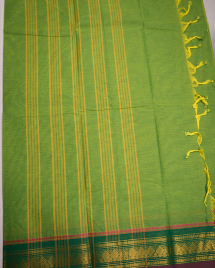 Premium Kanchi Handloom Cotton Saree in Fresh Parrot Green with Gold Zari Weaving & Contrast Emerald Green-Magenta Border