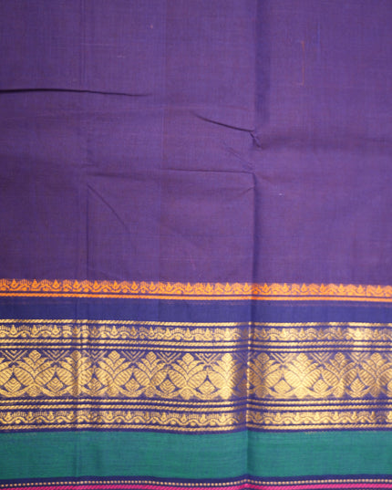 Premium Kanchi Handloom Cotton Saree in Royal Blue with Gold Zari Weaving & Contrast Emerald Green-Magenta Border