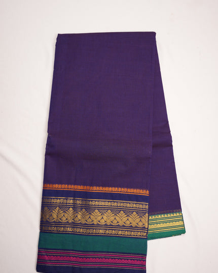 Premium Kanchi Handloom Cotton Saree in Royal Blue with Gold Zari Weaving & Contrast Emerald Green-Magenta Border