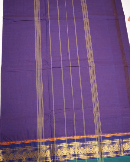 Premium Kanchi Handloom Cotton Saree in Royal Blue with Gold Zari Weaving & Contrast Emerald Green-Magenta Border