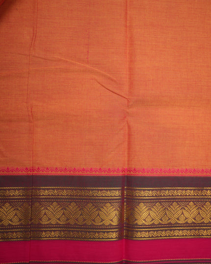 Premium Kanchi Handloom Cotton Saree in Soft Peach Orange with Gold Zari Weaving & Contrast Rani Pink-Emerald Green Border