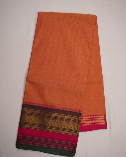 Premium Kanchi Handloom Cotton Saree in Soft Peach Orange with Gold Zari Weaving & Contrast Rani Pink-Emerald Green Border