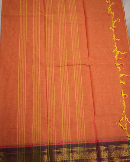 Premium Kanchi Handloom Cotton Saree in Soft Peach Orange with Gold Zari Weaving & Contrast Rani Pink-Emerald Green Border