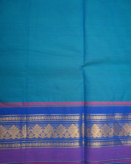 Premium Kanchi Handloom Cotton Saree in Turquoise Blue with Gold Zari Weaving & Contrast Royal Blue-Lavender Purple Border